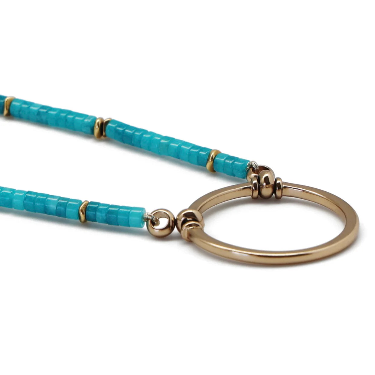 Turquoise beaded necklace with gold clasp on a white background