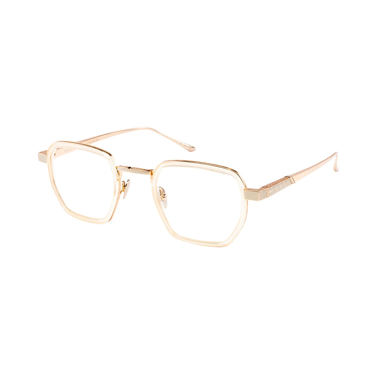 Rose gold metal eyeglasses with a unique hexagonal frame shape, shown on a plain white background.
