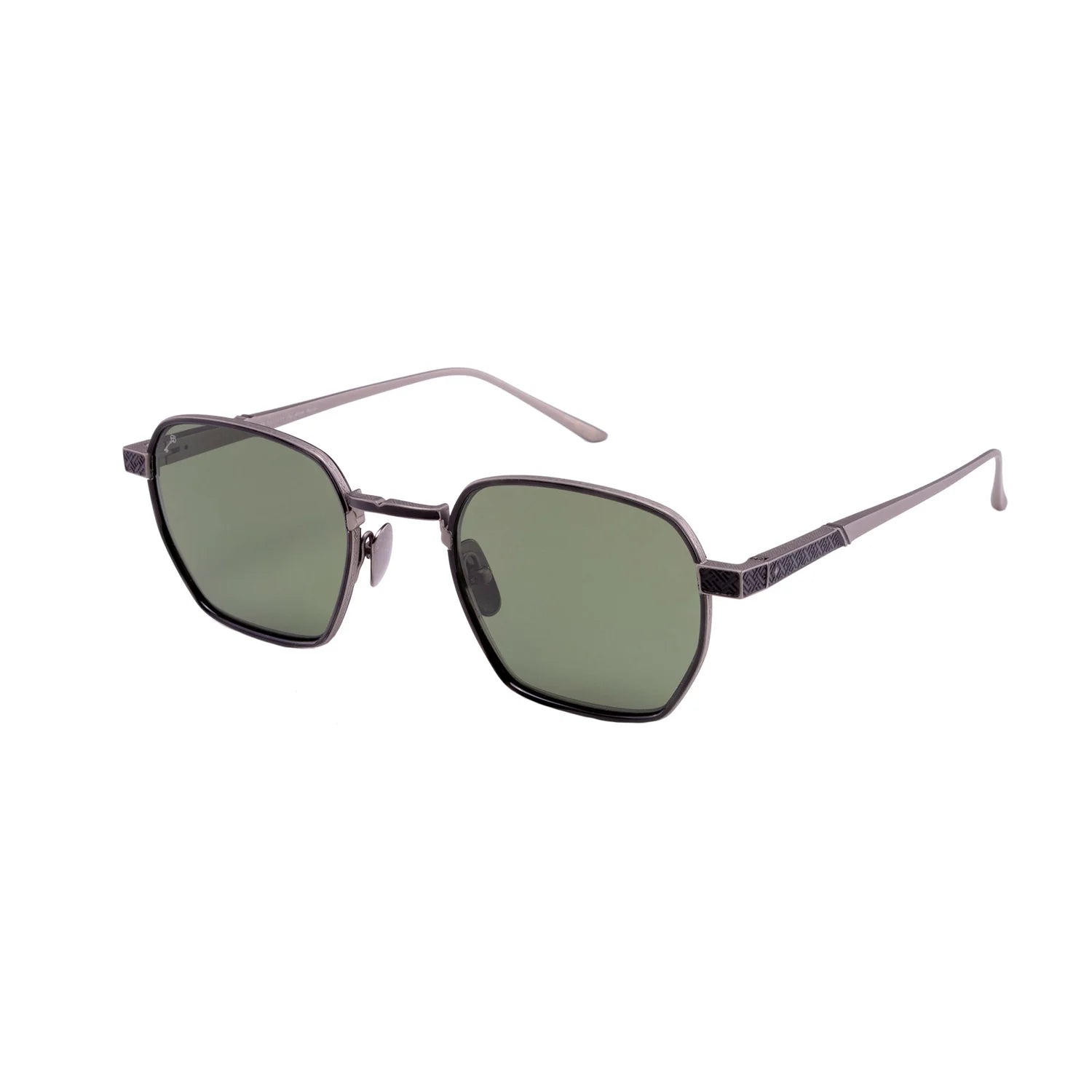 Sunglasses with black accents and dark lenses on a white background