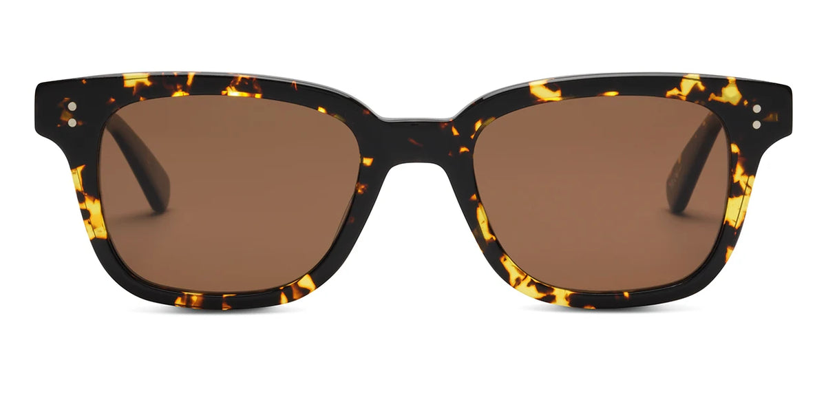 The SALT. Max sunglasses by SALT. feature a square silhouette with a brown tortoiseshell frame and dark brown lenses, meticulously handcrafted in Japan from premium Japanese acetate, displayed front-facing against a white background.
