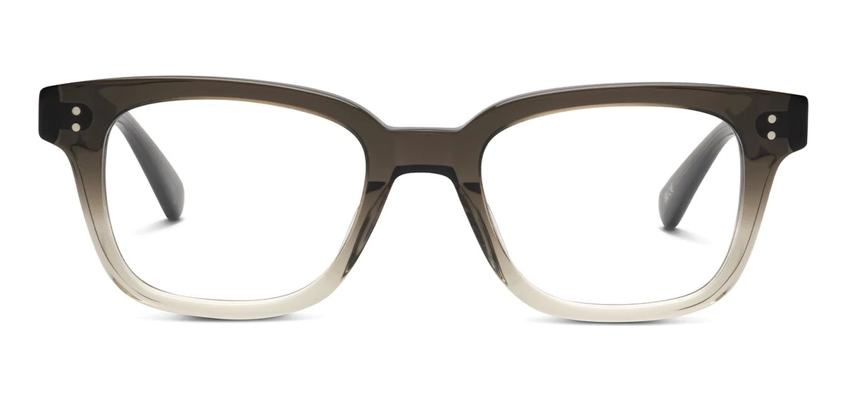 SALT. Max by SALT. are rectangular eyeglasses handcrafted in Japan from premium Japanese acetate, featuring thick two-tone frames that fade from dark brown at the top to transparent beige at the bottom. Reminiscent of vintage Hollywood eyewear, these stylish frames have dark arms and small silver accents near each hinge.