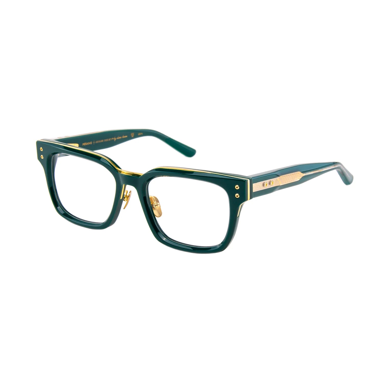 A pair of eyeglasses featuring a dark green acetate frame with gold metal accents, including double-pins on the brow, bridge, and temples, and gold inner temple strips. The lenses are clear.