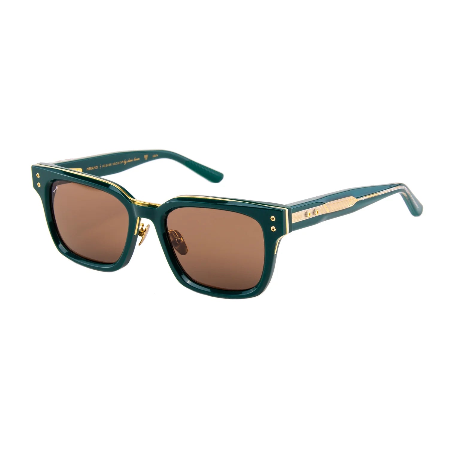 A pair of designer sunglasses with a dark green acetate frame, gold-tone metal trim, and brown lenses, shown on a plain white background.