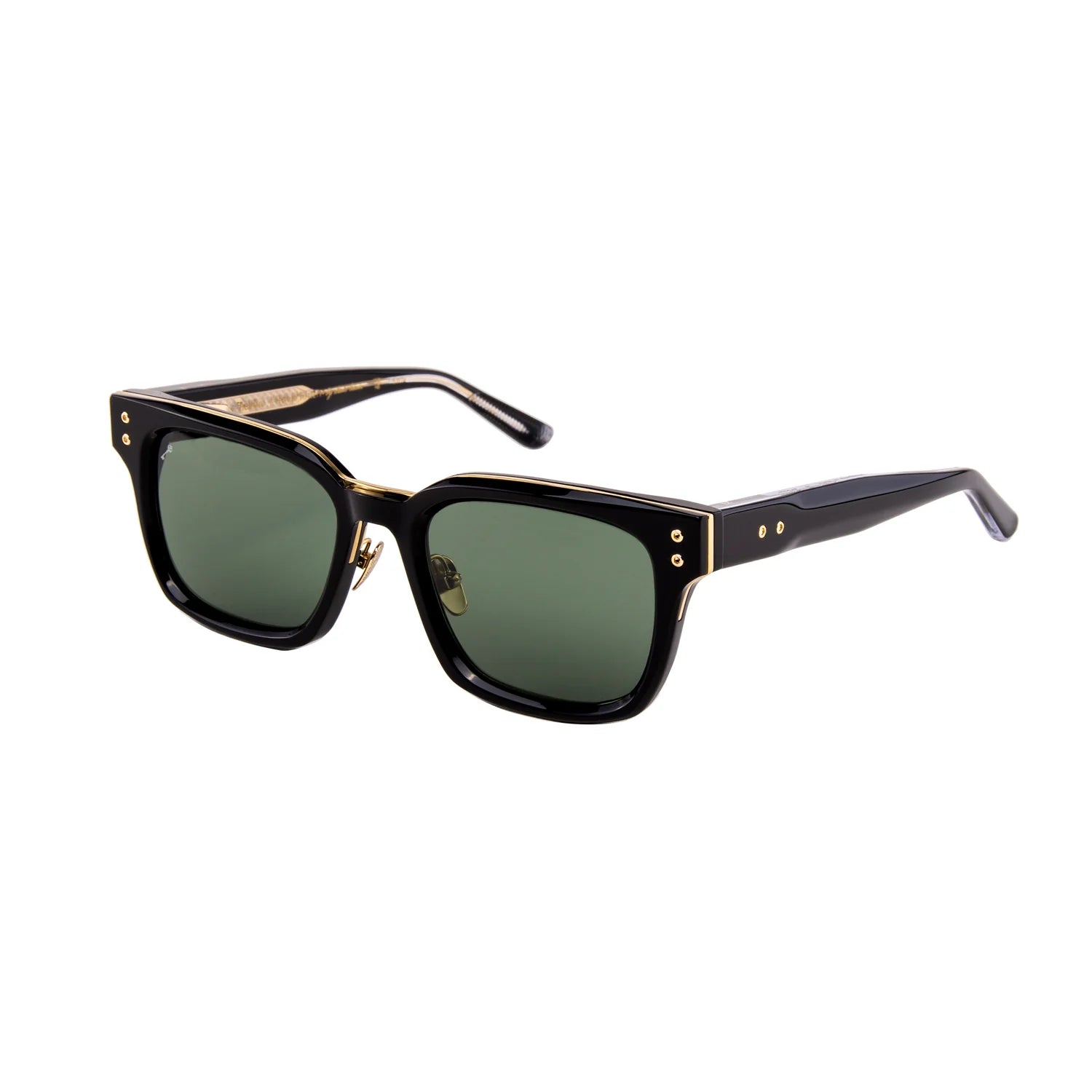 A pair of designer sunglasses featuring a glossy black acetate frame with gold-tone metal accents, square-shaped green lenses, and gold rivets on the temples, shown against a plain white background.