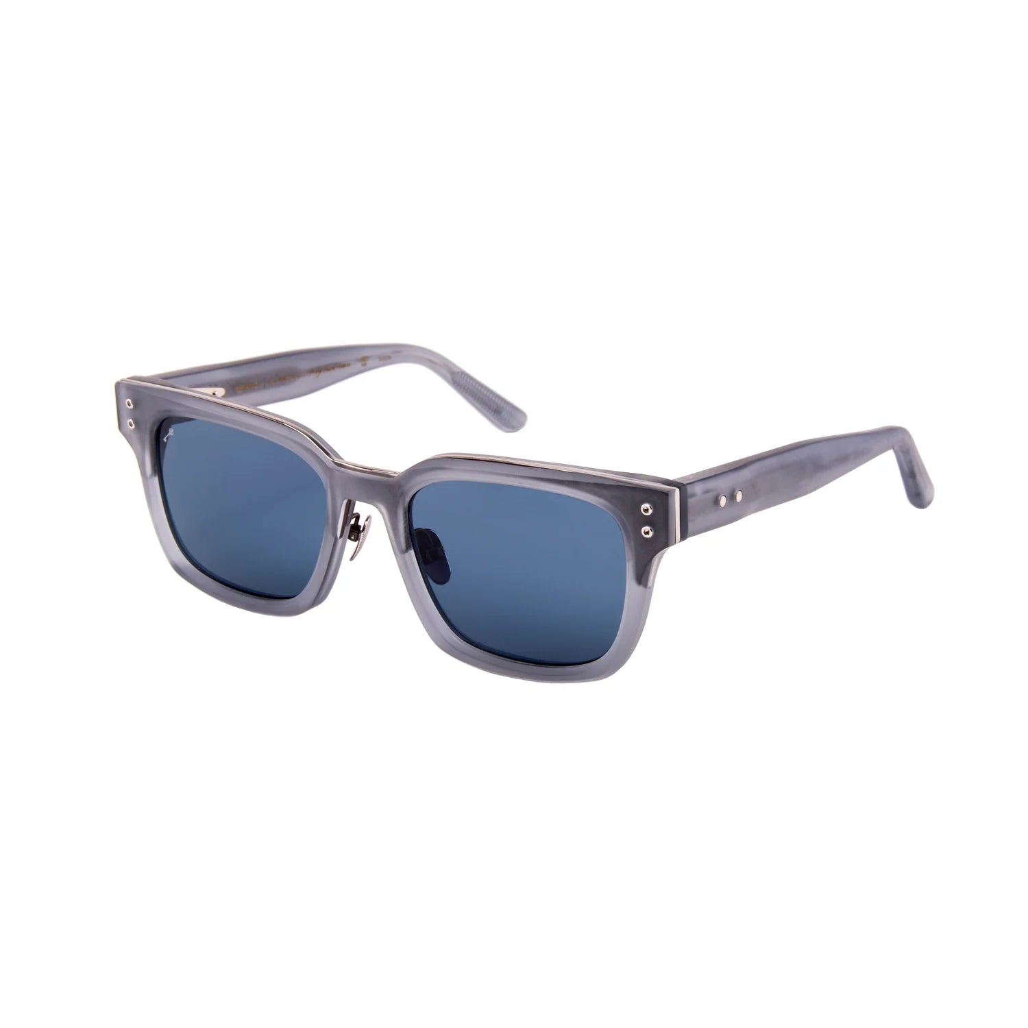 Gray acetate square sunglasses with blue mirrored lenses, featuring small silver rivet details on the temples.