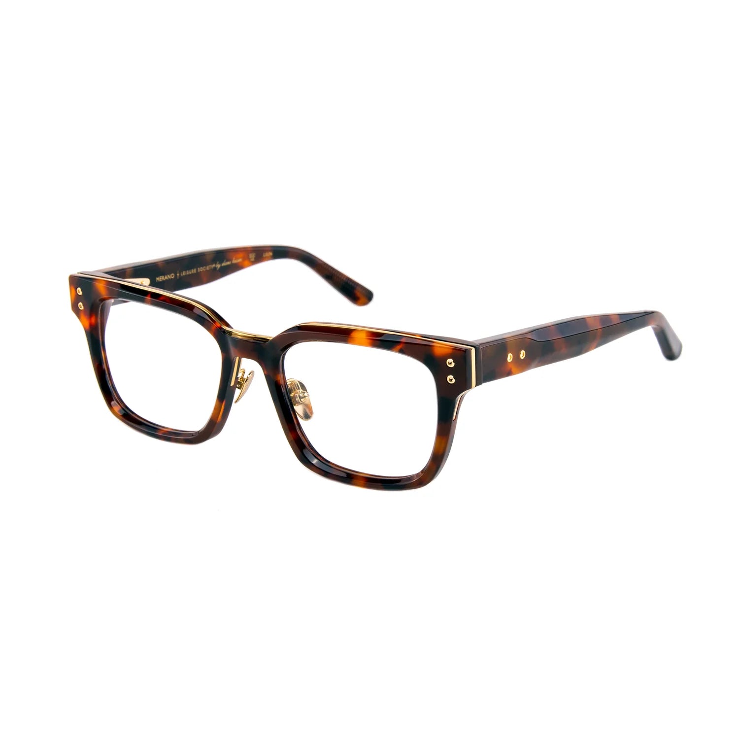 A pair of square-framed eyeglasses with a classic tortoiseshell pattern in brown and black, accented with gold-tone metal rivets and hinges, shown on a plain white background.