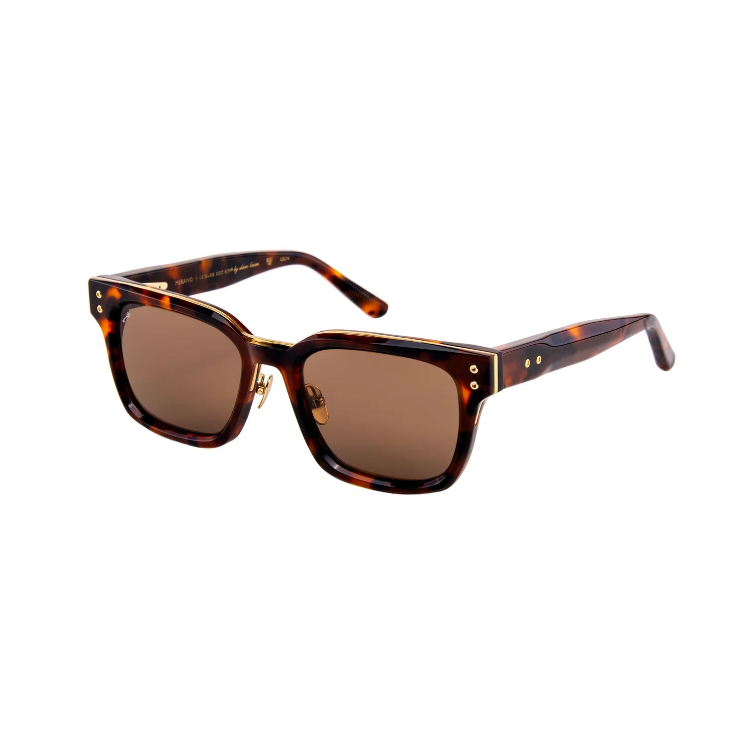 A pair of square sunglasses with a classic tortoiseshell frame and brown lenses, shown at a three-quarter angle on a solid white background.