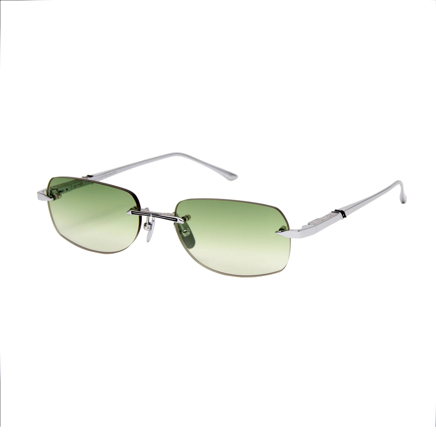Rimless glasses with green lens on white backround. 
