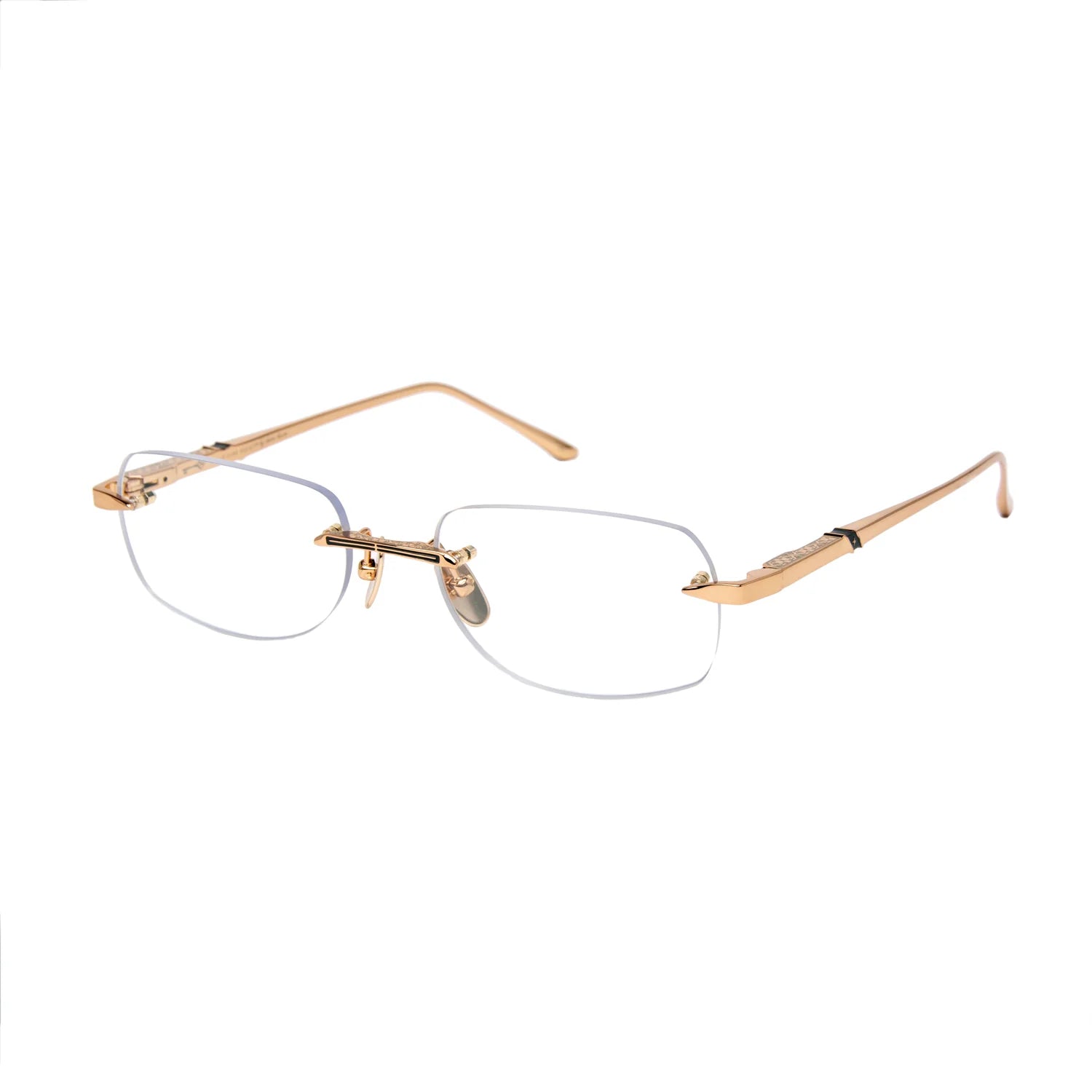 Rimless eyeglasses with a gold metal frame and clear lenses, shown from a three-quarters angle on a plain white background.