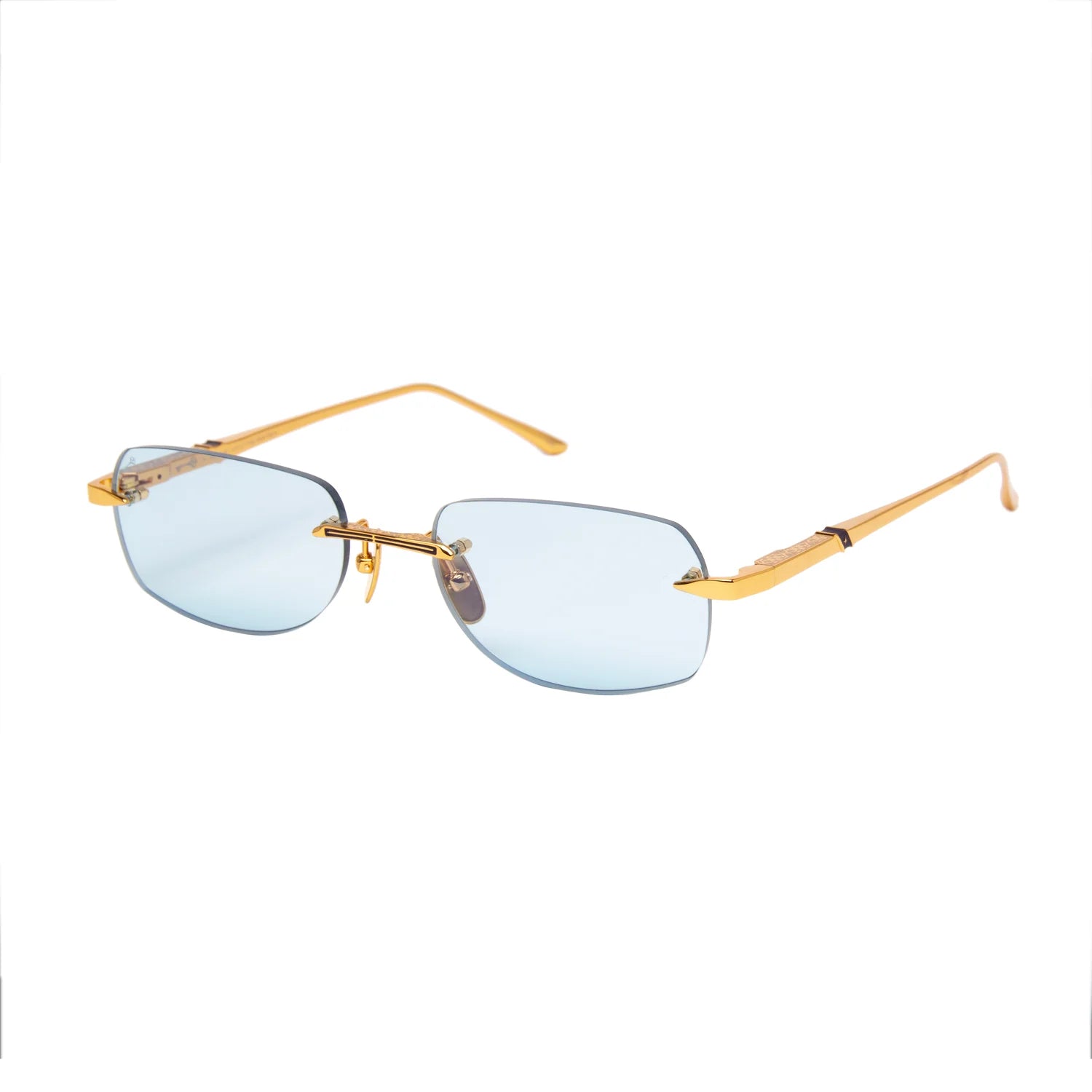 Rimless square sunglasses with light blue lenses and gold metal frames, shown on a plain white background.