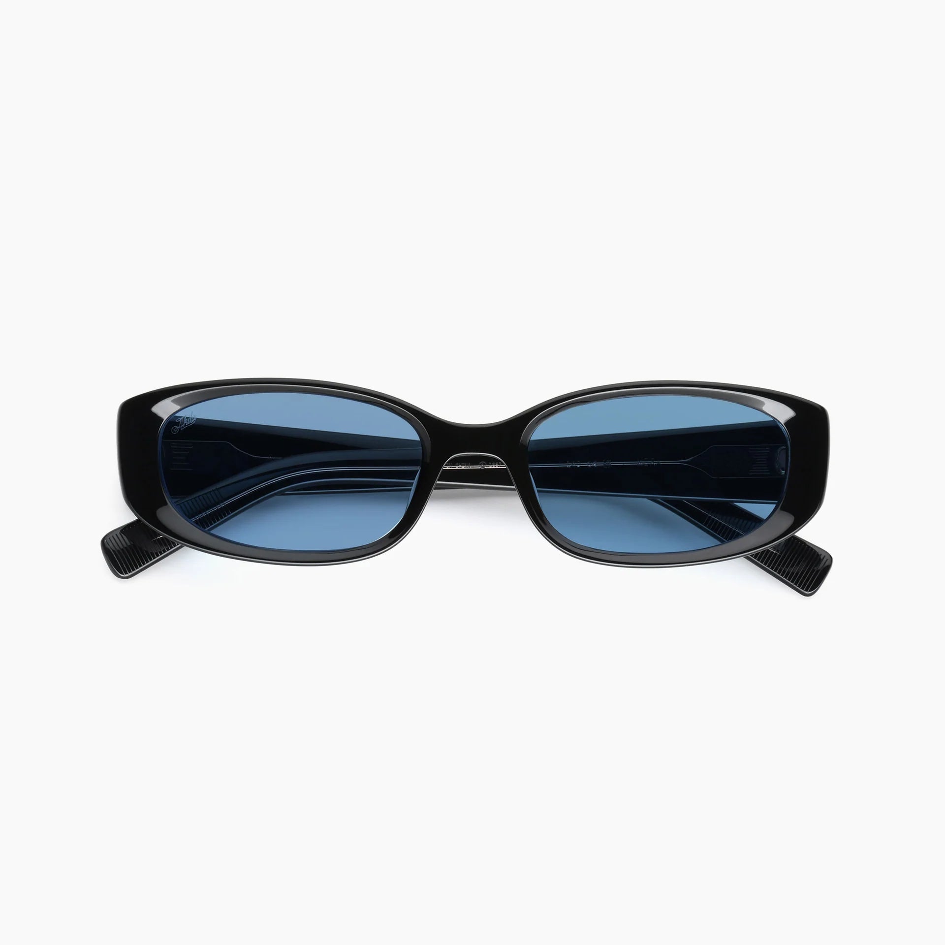 Black cat-eye sunglasses with blue tinted lenses, shown from a front-facing perspective on a light gray background.