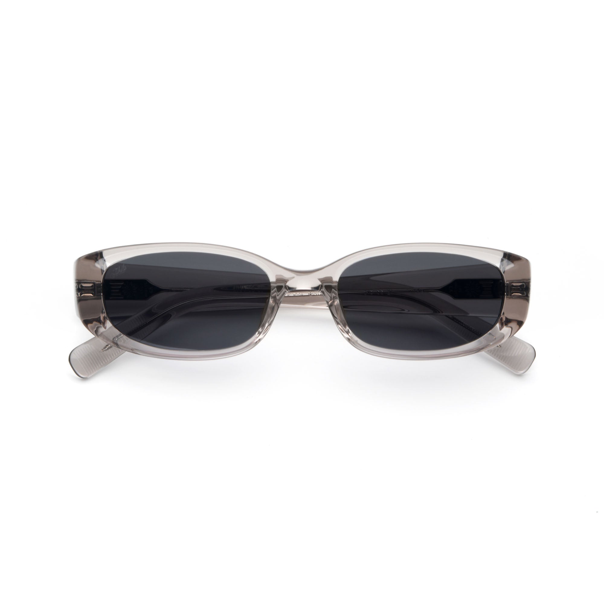 The Akila Mira sunglasses by Akila, shown facing forward on a white background, feature a refined silhouette with a modern gray rectangular frame and black lenses.