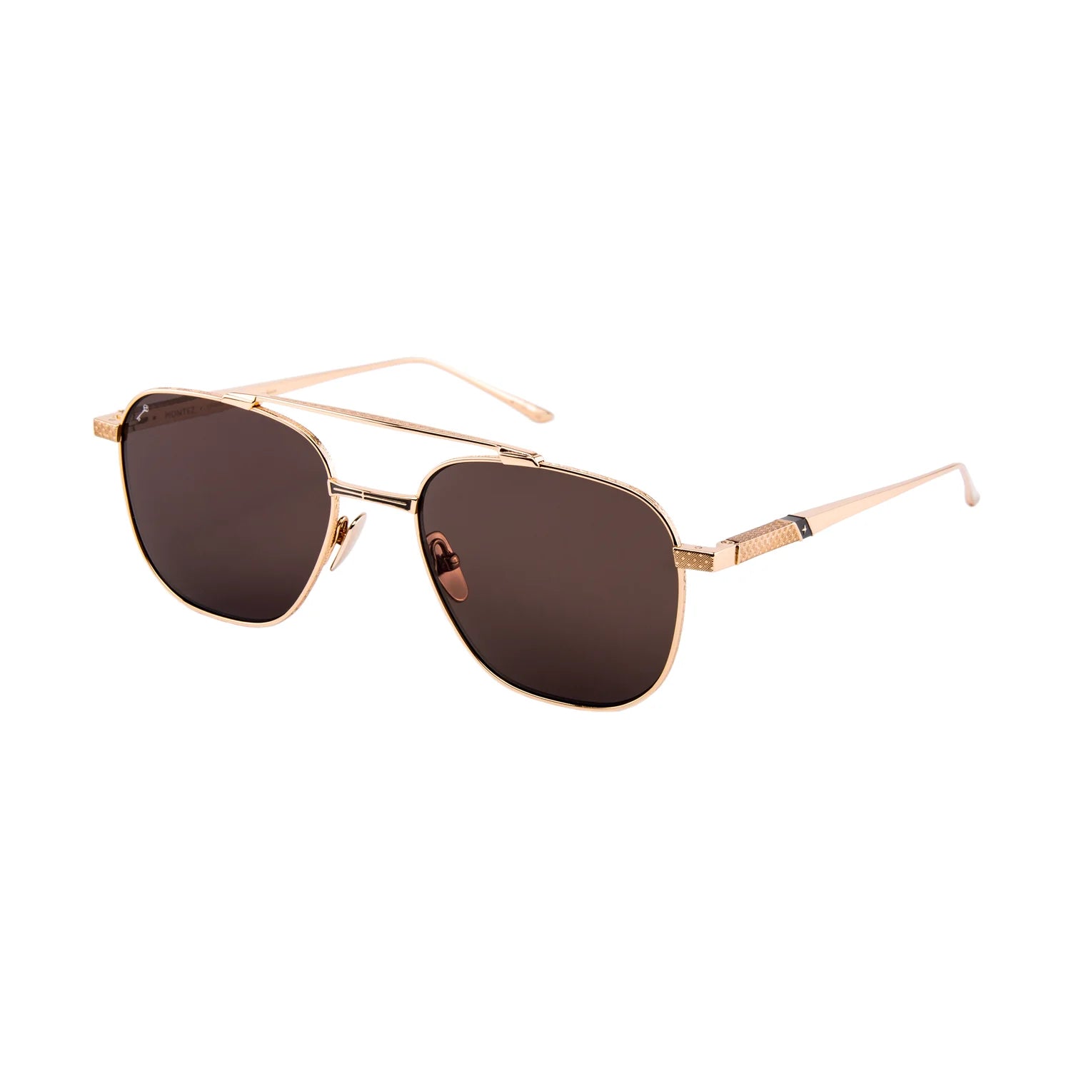Sunglasses with dark lenses and thin metal frame on a white background
