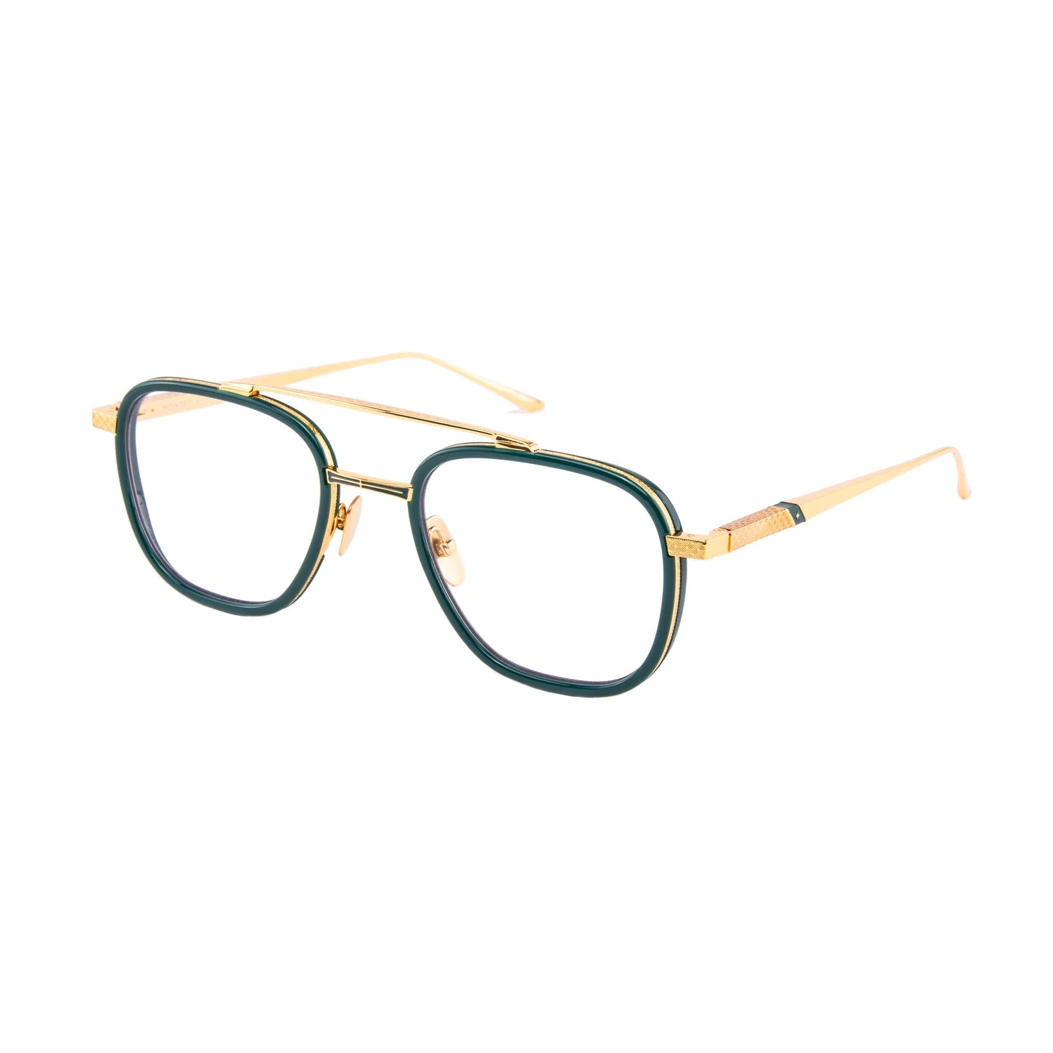 The Leisure Society Montez by Leisure Society features gold metal eyeglass frames with rounded square green rims, clear lenses, and slender gold temples. Handmade in Japan, these luxury eyewear pieces include adjustable nose pads and gently curved temple tips for added comfort.