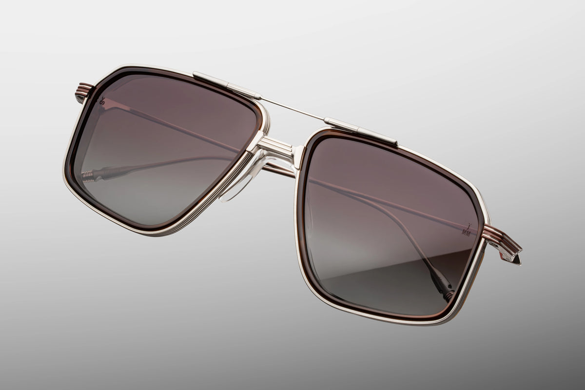 Jacques Marie Mage Yellowstone VII: Moran In Mammoth rectangular beta titanium aviator sunglasses with silver frames and dark gradient lenses.