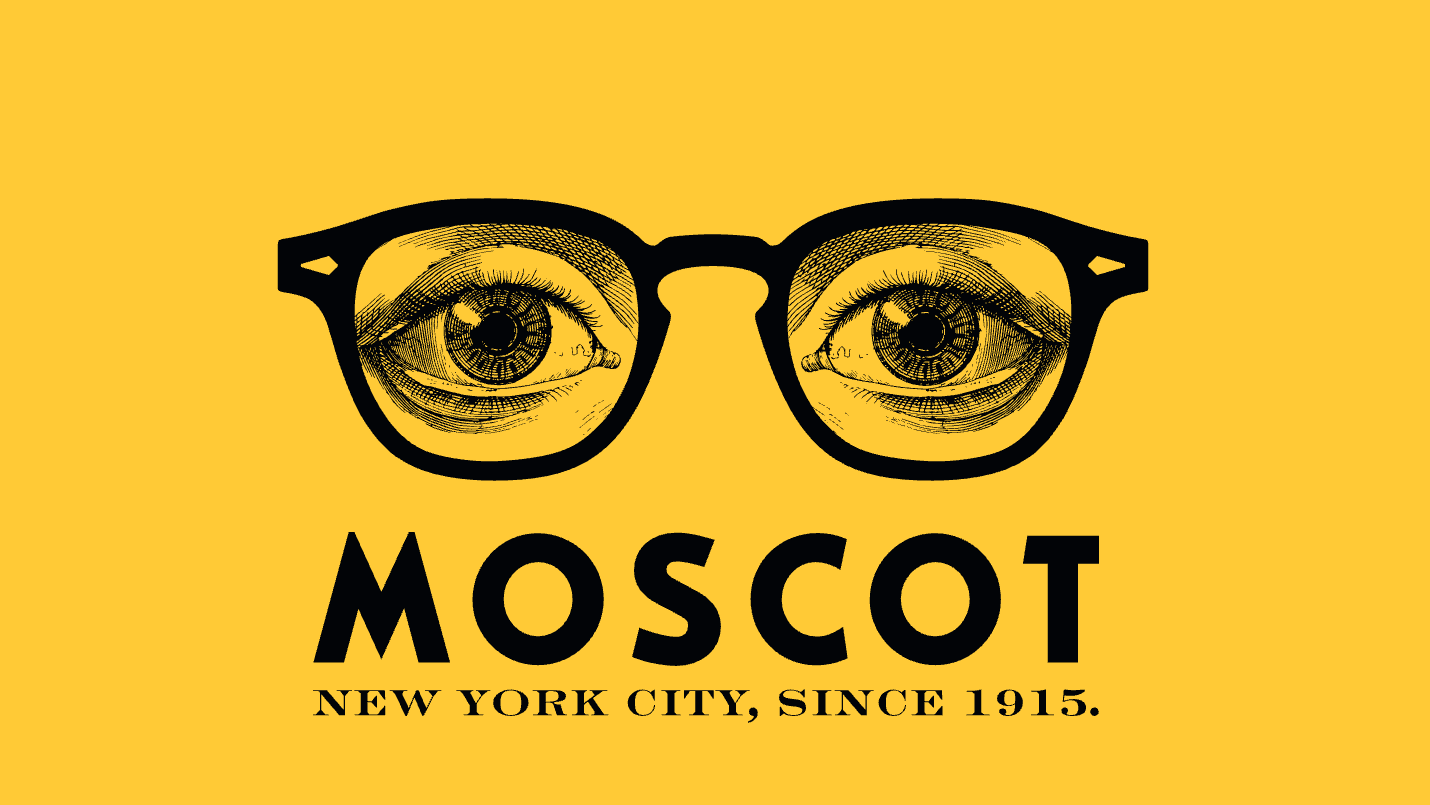 Moscot logo with eyeglasses and 'New York City, Since 1915' text on a yellow background