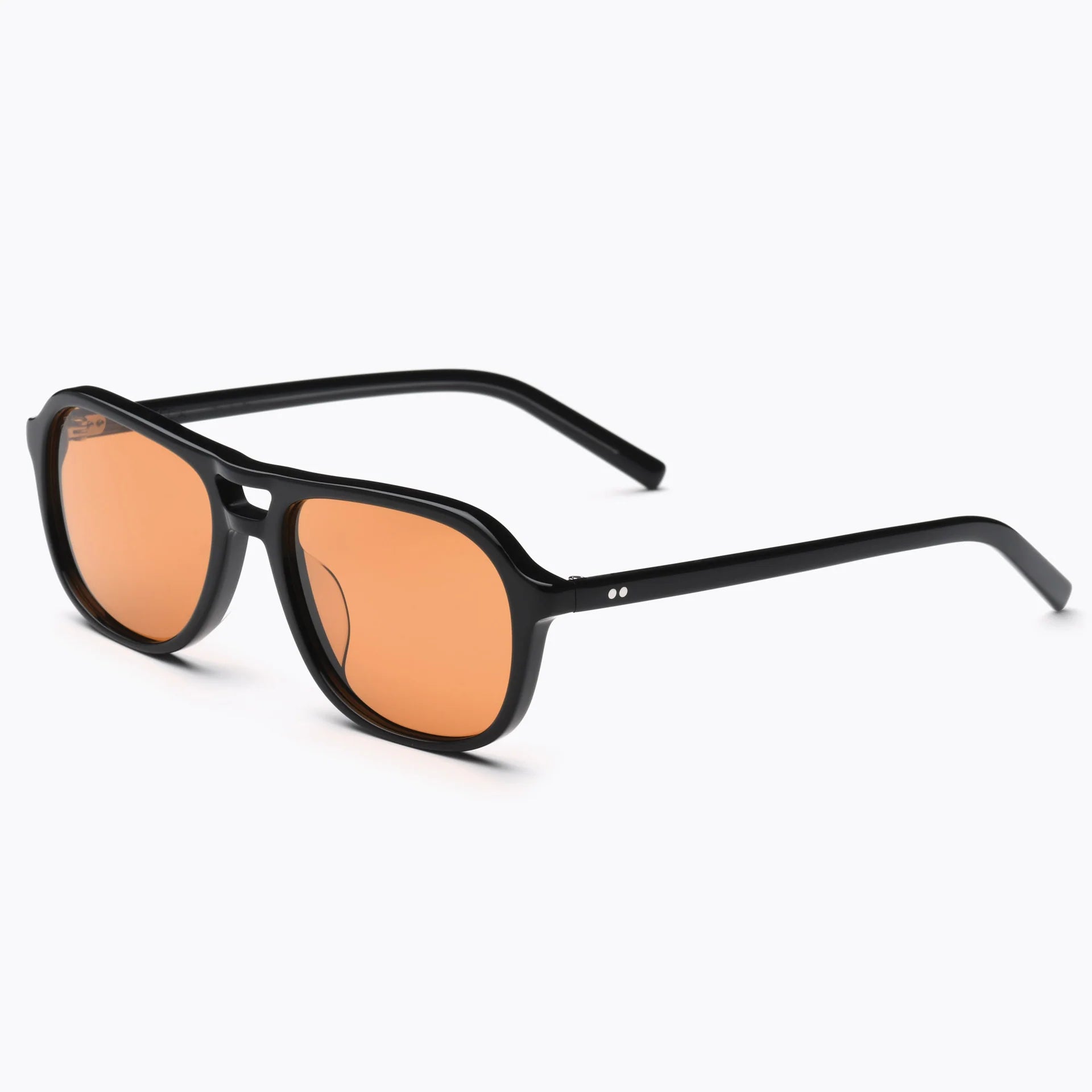 Sunglasses with black frame and orange lenses on a white background