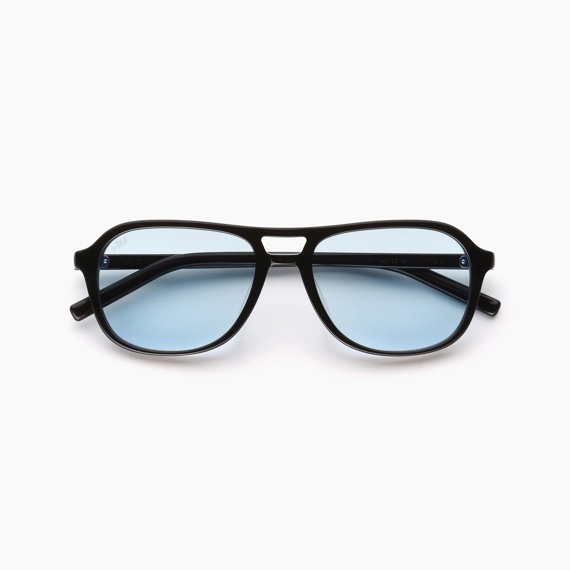 Black-framed sunglasses with blue lenses on a white background