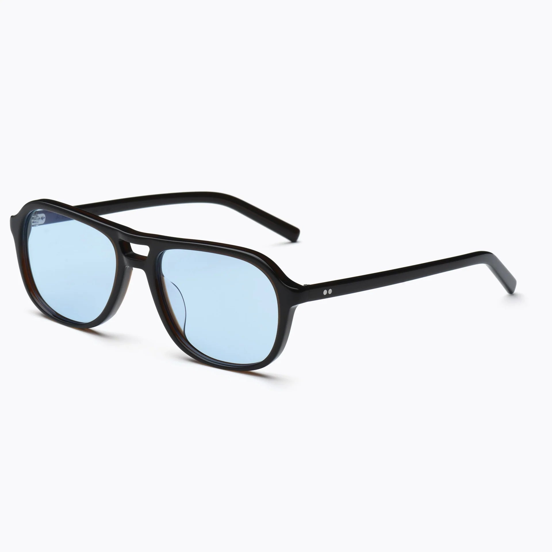 Sunglasses with black frame and blue lenses on a white background