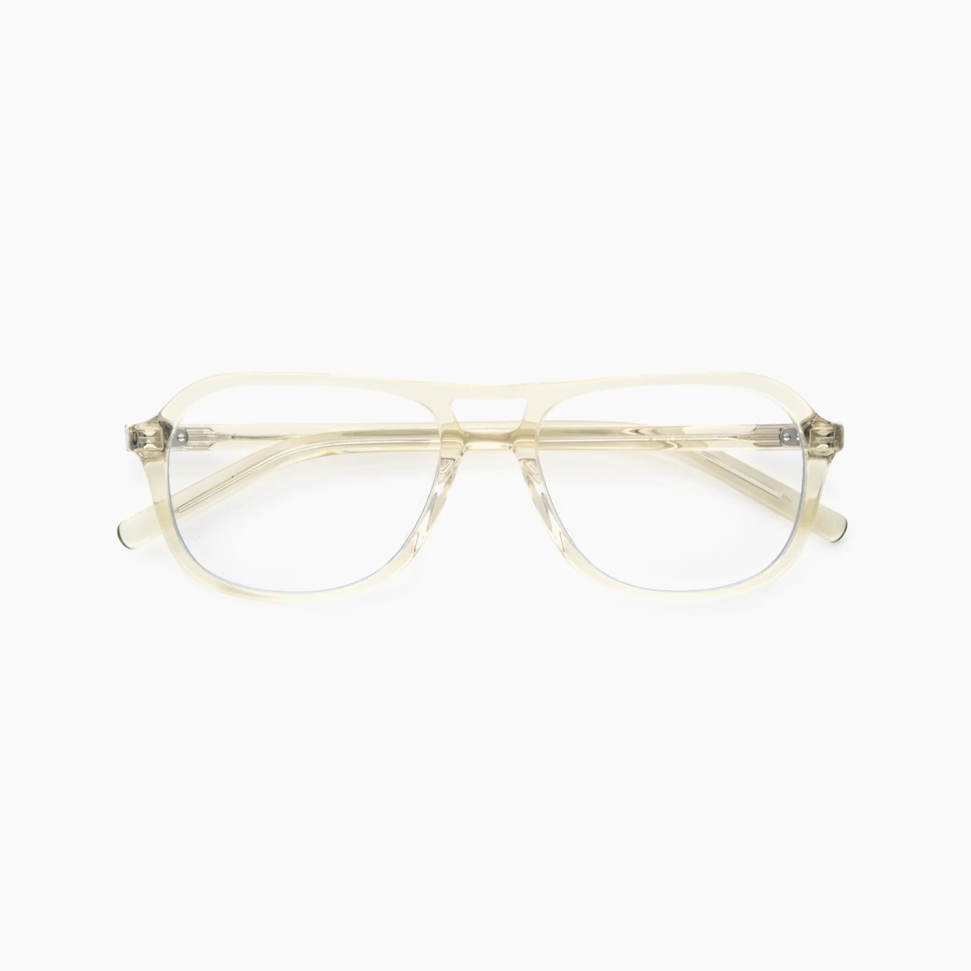 The Akila Myca eyeglasses feature a clear, transparent rectangular frame in an aviator style, displayed from the front against a white background. These prescription-ready frames by Akila blend classic design with modern functionality.