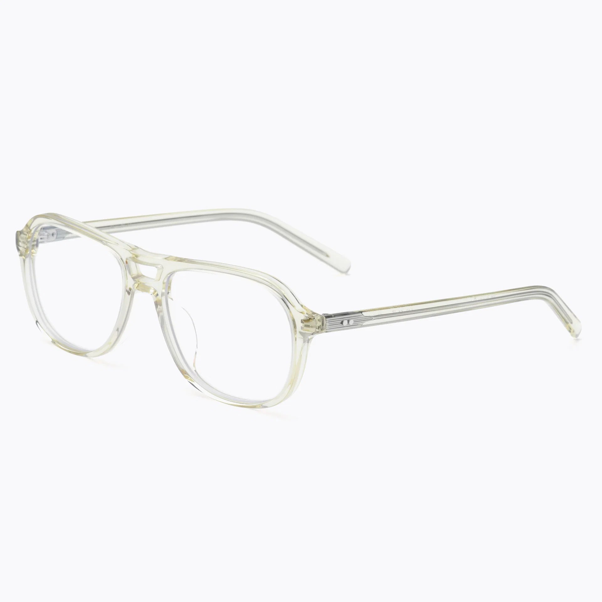 Akila Myca prescription-ready eyeglasses by Akila, featuring transparent rectangular frames and clear arms, are displayed on a plain white background. The frames are angled to showcase both the front and side views.