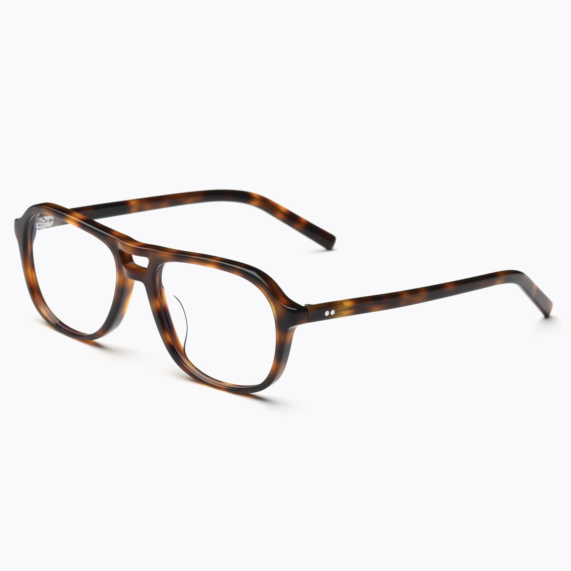Akila Myca eyeglasses by Akila, featuring rectangular lenses in a brown tortoiseshell design, are shown at an angle on a white background. These prescription-ready frames provide everyday style and comfort.