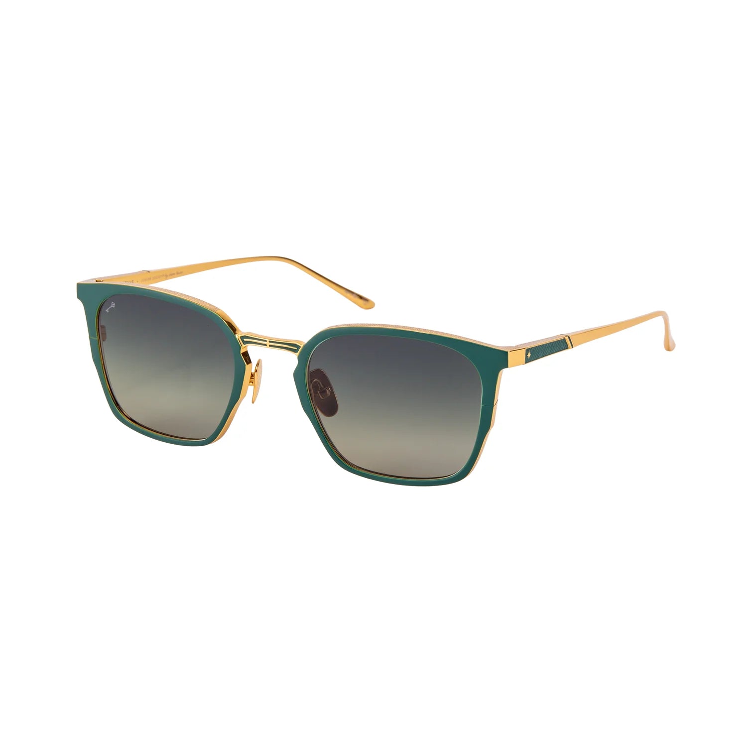 Sunglasses with gold frame and green gradient lenses on a white background