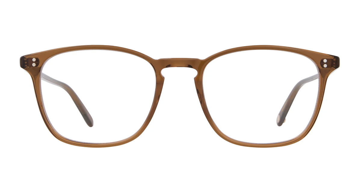 Garrett Leight Boon 52 eyeglasses by Garrett Leight feature wide, rectangular brown frames with a subtle translucent finish and a fashionable keyhole bridge, displayed from the front against a white background.