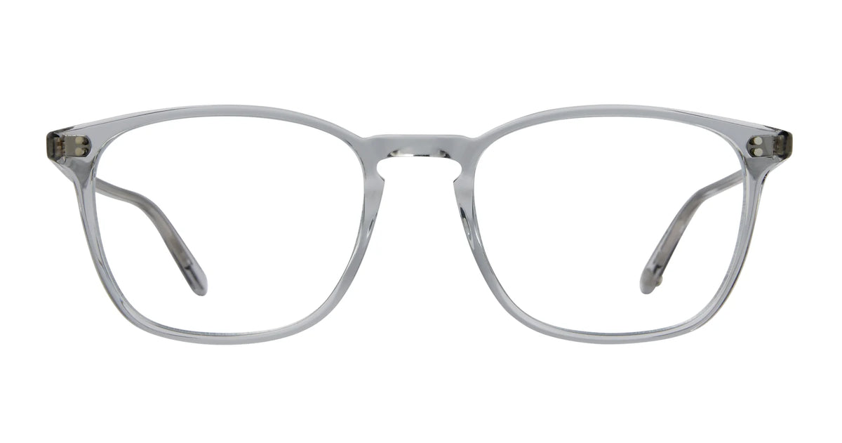 Garrett Leight Boon 52 eyeglass frames by Garrett Leight, featuring clear acetate in a classic rounded square shape with a subtle keyhole bridge, displayed from the front on a white background.