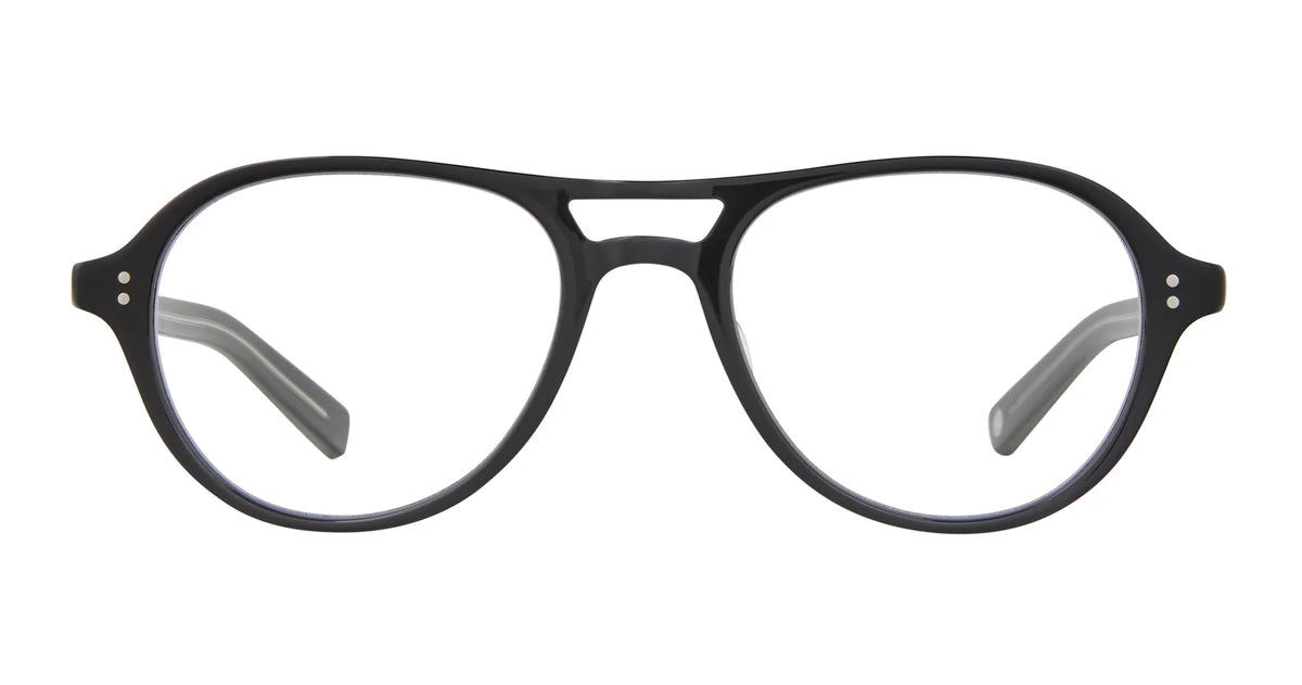 Garrett Leight Hancock round eyeglasses in black with clear lenses, displayed front-facing on a white background. This handcrafted Garrett Leight eyewear features a double bridge and metal accents near the hinges for a refined touch.