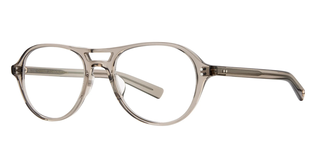 Garrett Leight Hancock eyeglasses by Garrett Leight, featuring clear plastic frames with a double bridge and rounded rectangular lenses inspired by classic aviator sunglasses, displayed on a white background.