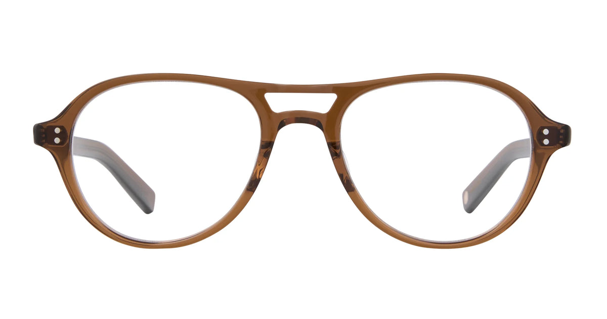 The Garrett Leight Hancock eyeglasses by Garrett Leight feature brown plastic aviator frames with clear lenses, displayed from the front against a white background. These handcrafted frames showcase classic aviator styling with a double bridge and rivet details at the corners, making them a timeless addition to any eyewear collection.