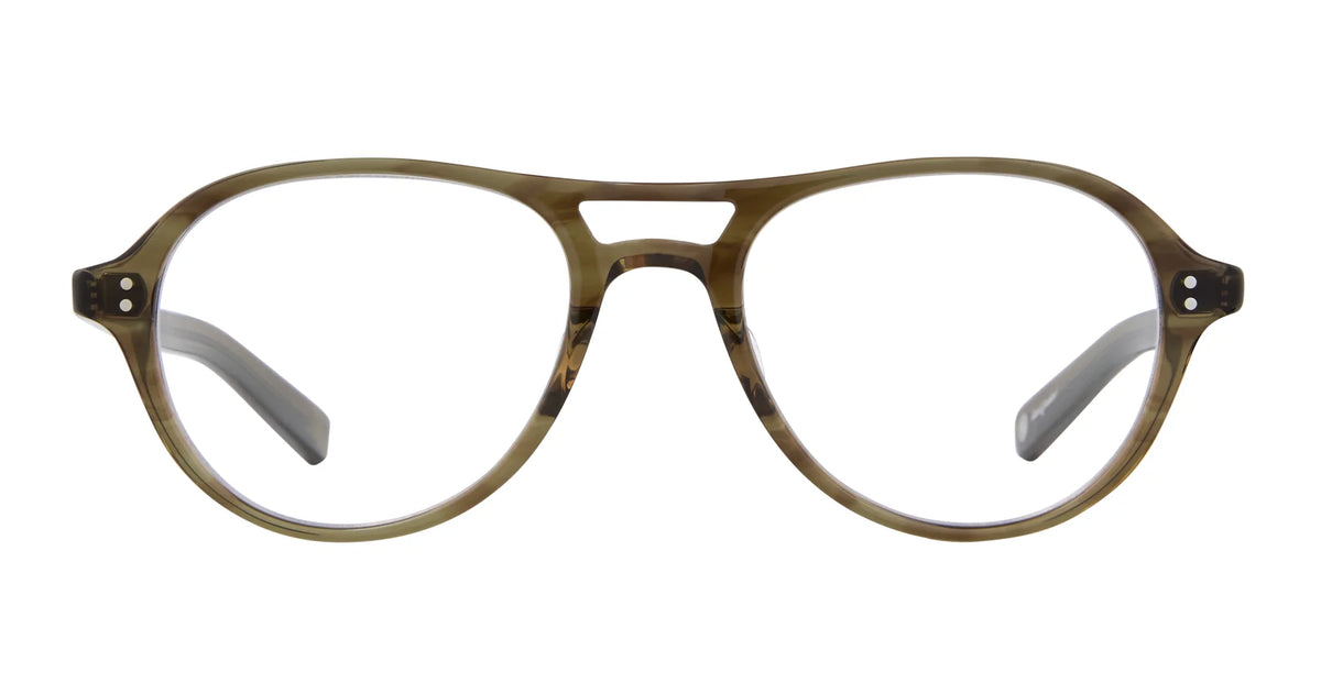 The Garrett Leight Hancock eyeglass frames by Garrett Leight are shown on a white background. These handcrafted, brown aviator-style frames feature clear lenses, a double bridge, broad arms, and a subtle tortoiseshell pattern inspired by classic aviator sunglasses.