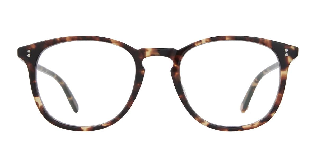 Garrett Leight Kinney 47 round eyeglasses by Garrett Leight, featuring a brown tortoiseshell pattern and optical-quality lenses, shown from the front on a white background.