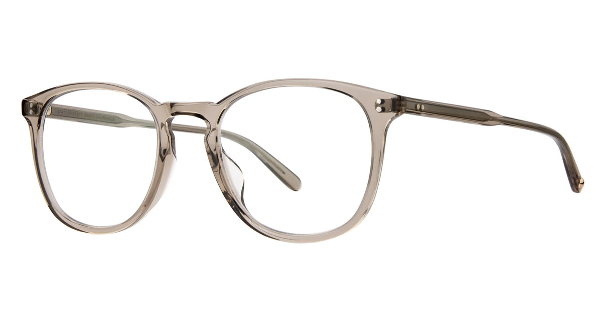 The Garrett Leight Kinney 47 by Garrett Leight features clear, round optical-quality lenses with a subtle grey tint and thin plastic frames, displayed on a white background.