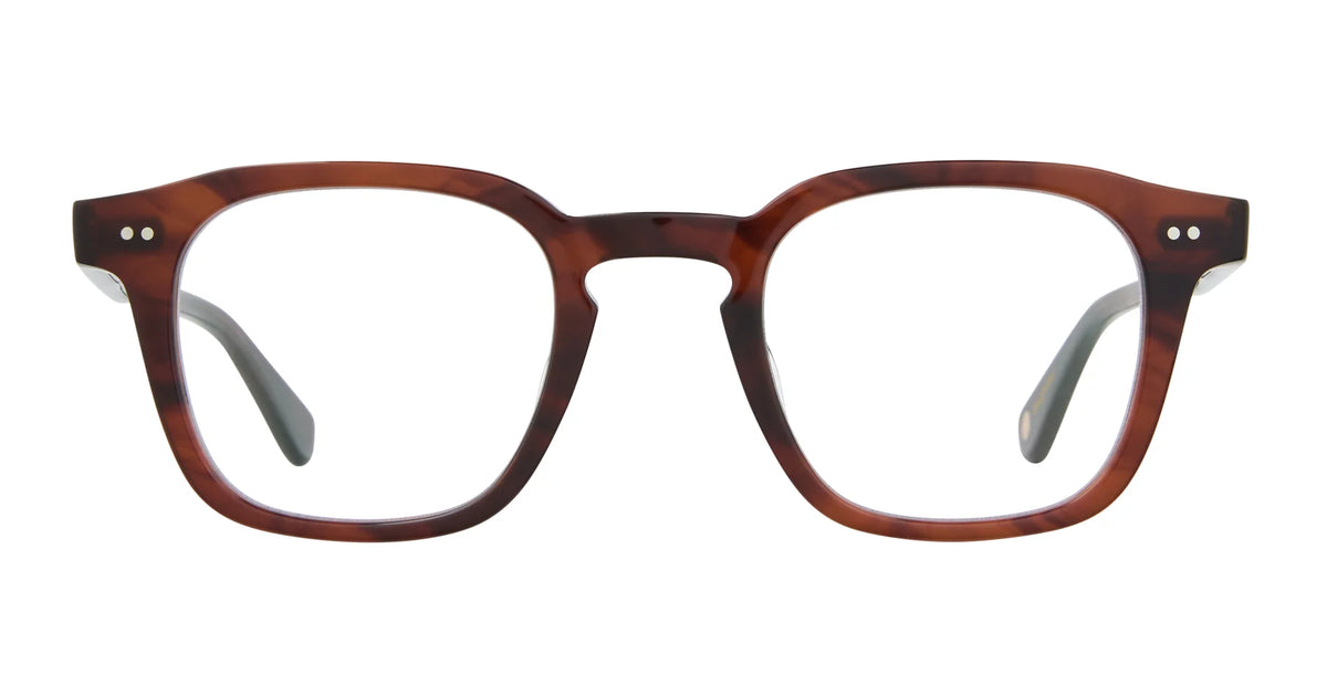 Garrett Leight Verdugo rectangular eyeglass frames in brown tortoiseshell with clear lenses, by Garrett Leight, shown facing forward on a white background.