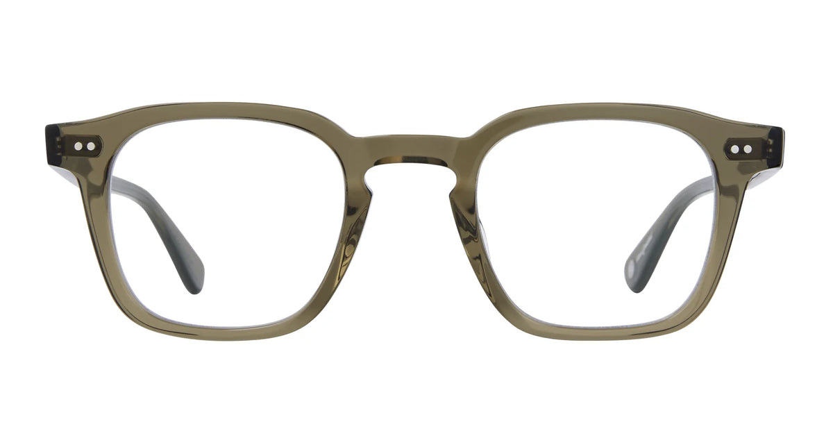 Garrett Leight Verdugo eyeglasses by Garrett Leight in olive green, featuring a rectangular shape with clear lenses, thick frames, and silver accents on the upper corners. Viewed from the front against a white background, these stylish frames take inspiration from iconic GLCO sunglasses and deliver exceptional UV protection for your eyes with a modern touch.