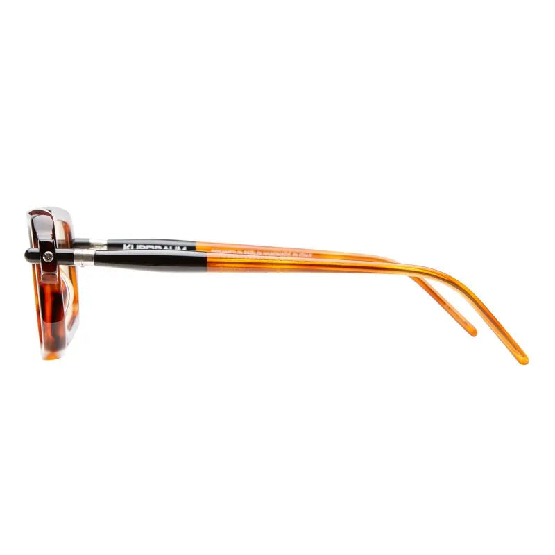 Eyeglasses with orange frame and brown lenses on a white background