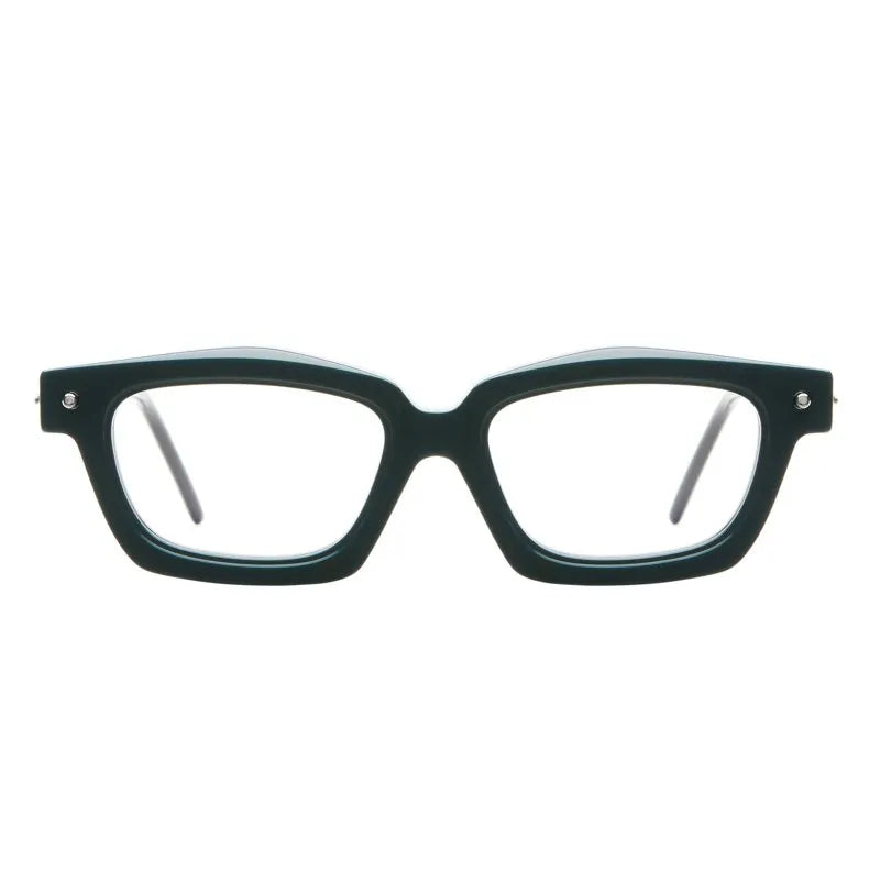 A pair of Kuboraum P25 black rectangular eyeglasses with thick frames, displayed from the front against a white background. These handmade eyewear pieces by Kuboraum showcase the brand’s distinctive mask-inspired style, blending Berlin and Italy influences for a bold, artistic look.