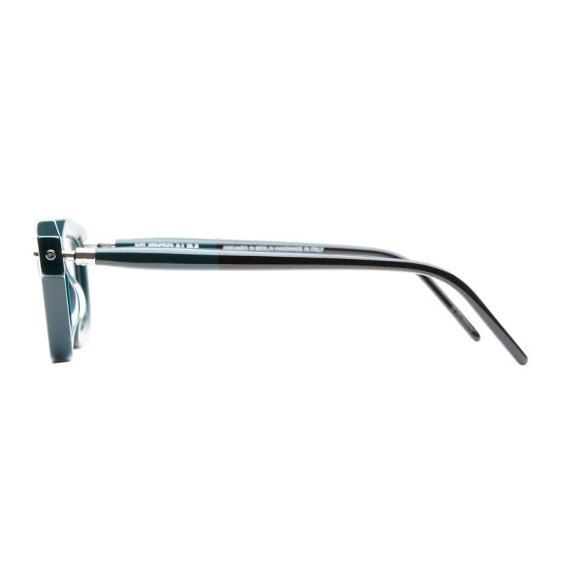 Side view of the Kuboraum P25 rectangular eyeglasses by Kuboraum, featuring thick, teal-colored frames and black arms against a white background. Drawing inspiration from Kuboraum masks and the tradition of handmade eyewear from Berlin, Italy, these frames combine artistic flair with contemporary design.