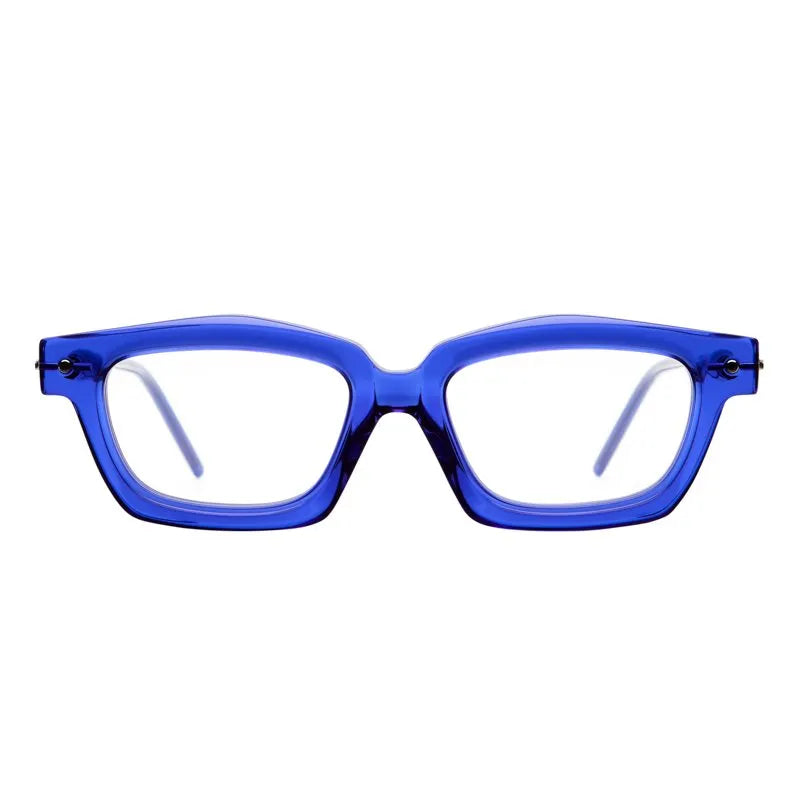 The Kuboraum P25 by Kuboraum features bold blue rectangular eyeglasses with thick, translucent plastic frames, displayed from the front against a white background—an exceptional piece of designer eyewear inspired by the striking aesthetic of Kuboraum masks.