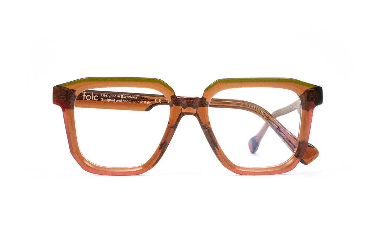 Folc Pulso square-rimmed contemporary eyewear featuring olive green upper frames and translucent gradient orange lower frames.