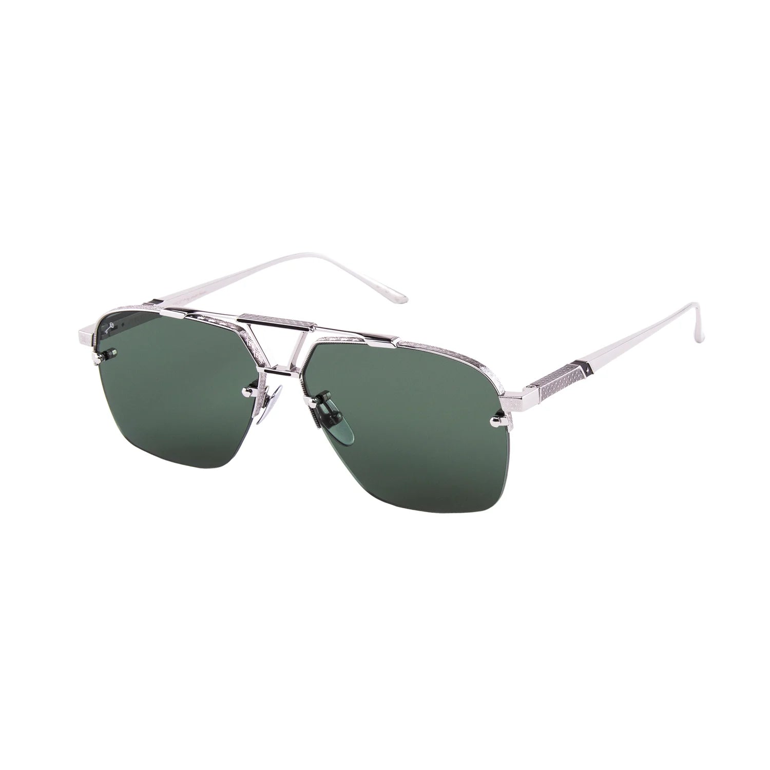 Leisure Society Presidio sunglasses by Leisure Society feature a silver titanium metal frame with green rectangular lenses, thin arms, and a double bridge. Angled against a white background to reveal both the front and side, these luxurious sunglasses showcase modern design and exquisite craftsmanship.
