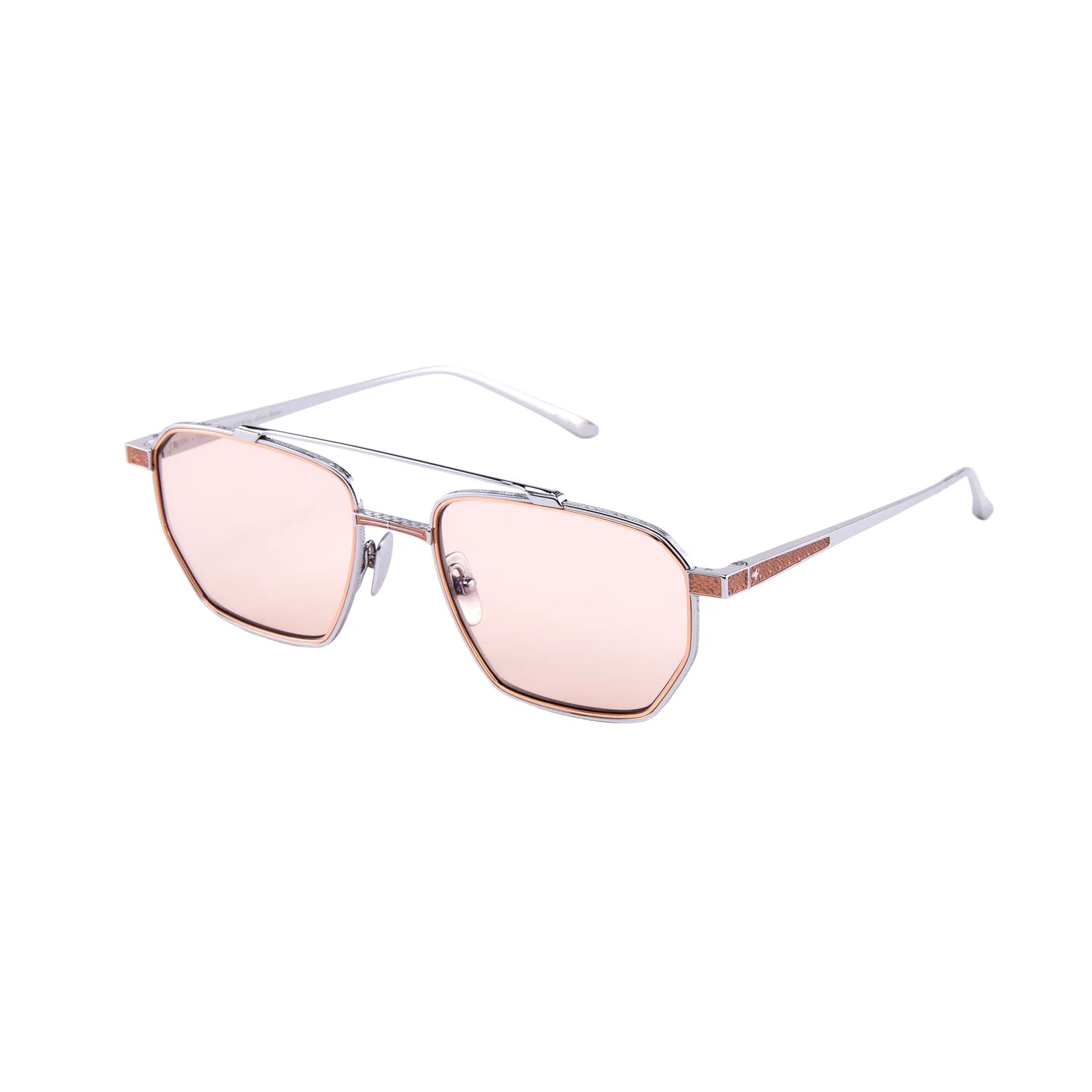 Leisure Society Prism geometric sunglasses with thin silver titanium frames and light pink tinted lenses, displayed at a slight angle against a plain white background.