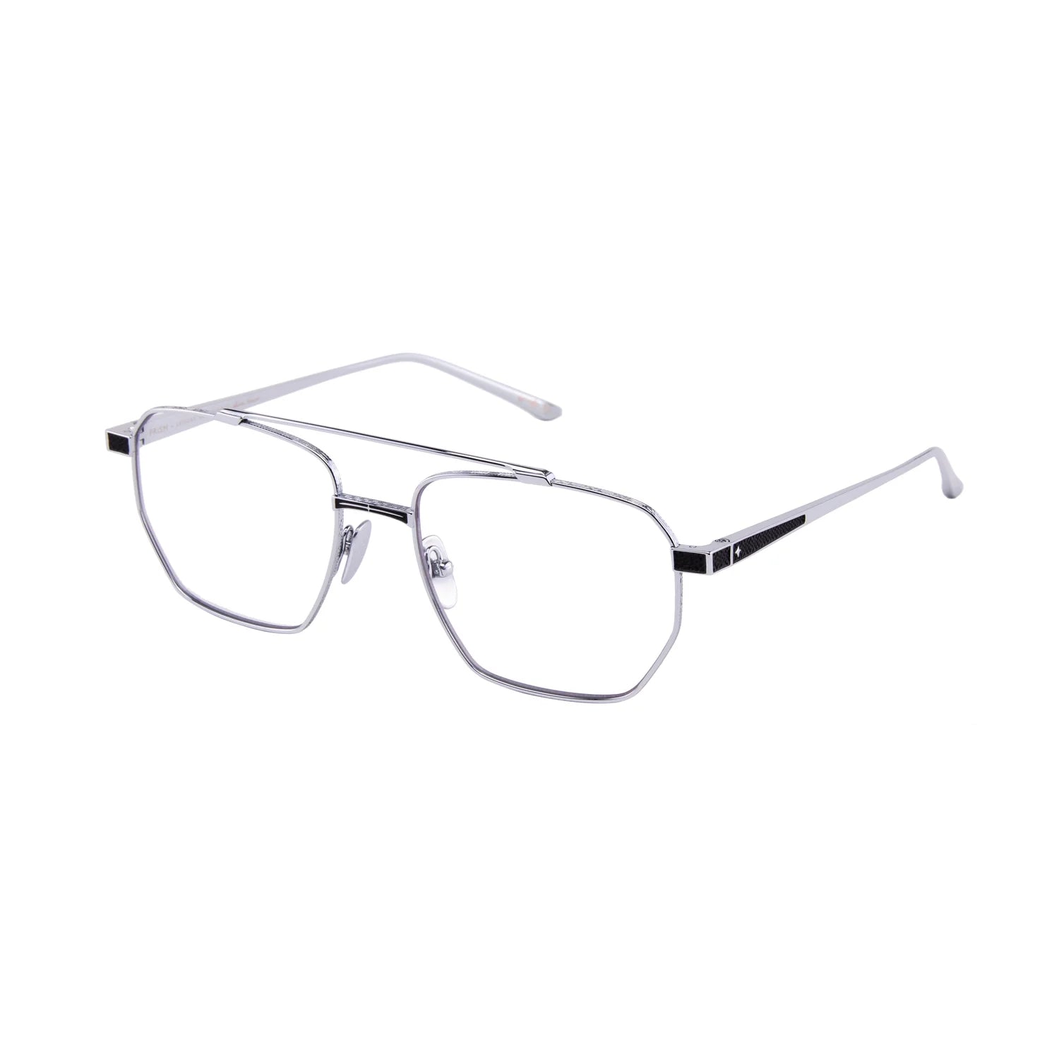 Leisure Society Prism eyeglasses by Leisure Society feature silver metal, thin geometric frames with clear lenses and black temple accents. Handmade in Japan, these luxury eyewear pieces have straight arms that curve gently at the tips. The glasses are displayed on a white background.