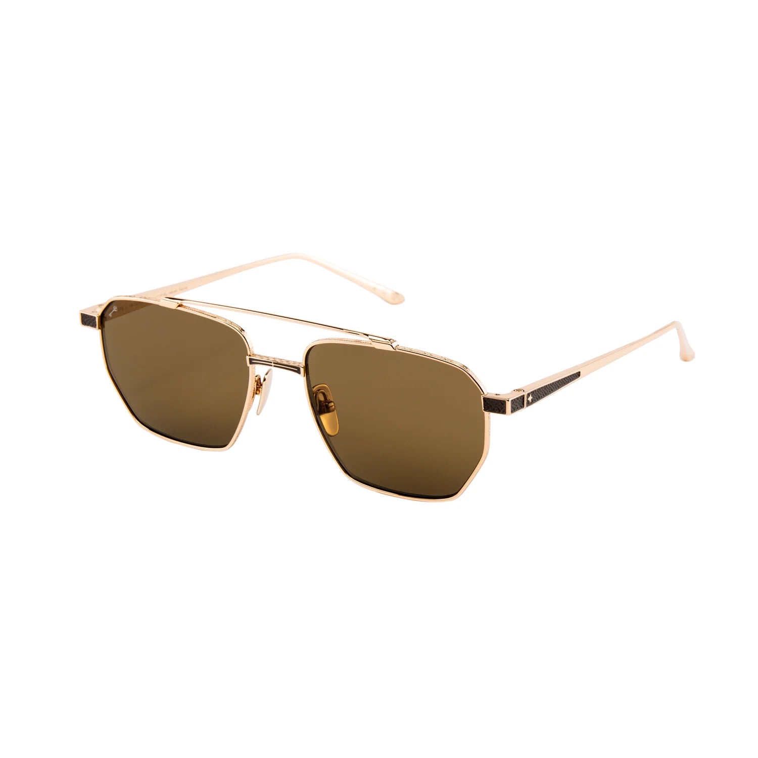 Leisure Society Prism sunglasses featuring gold frames and brown-tinted geometric polarized lenses, shown at a slight angle against a white background.