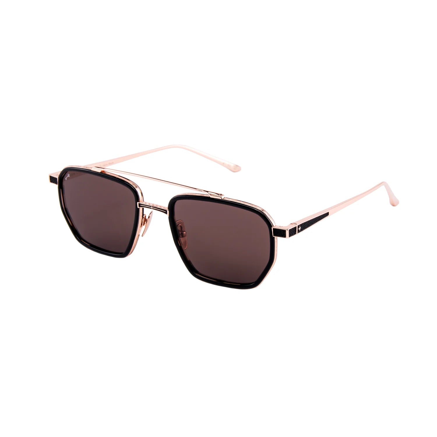 A pair of modern aviator-style sunglasses with a thin rose gold metal frame, dark brown tinted lenses, and light pink temple tips, shown on a solid white background.