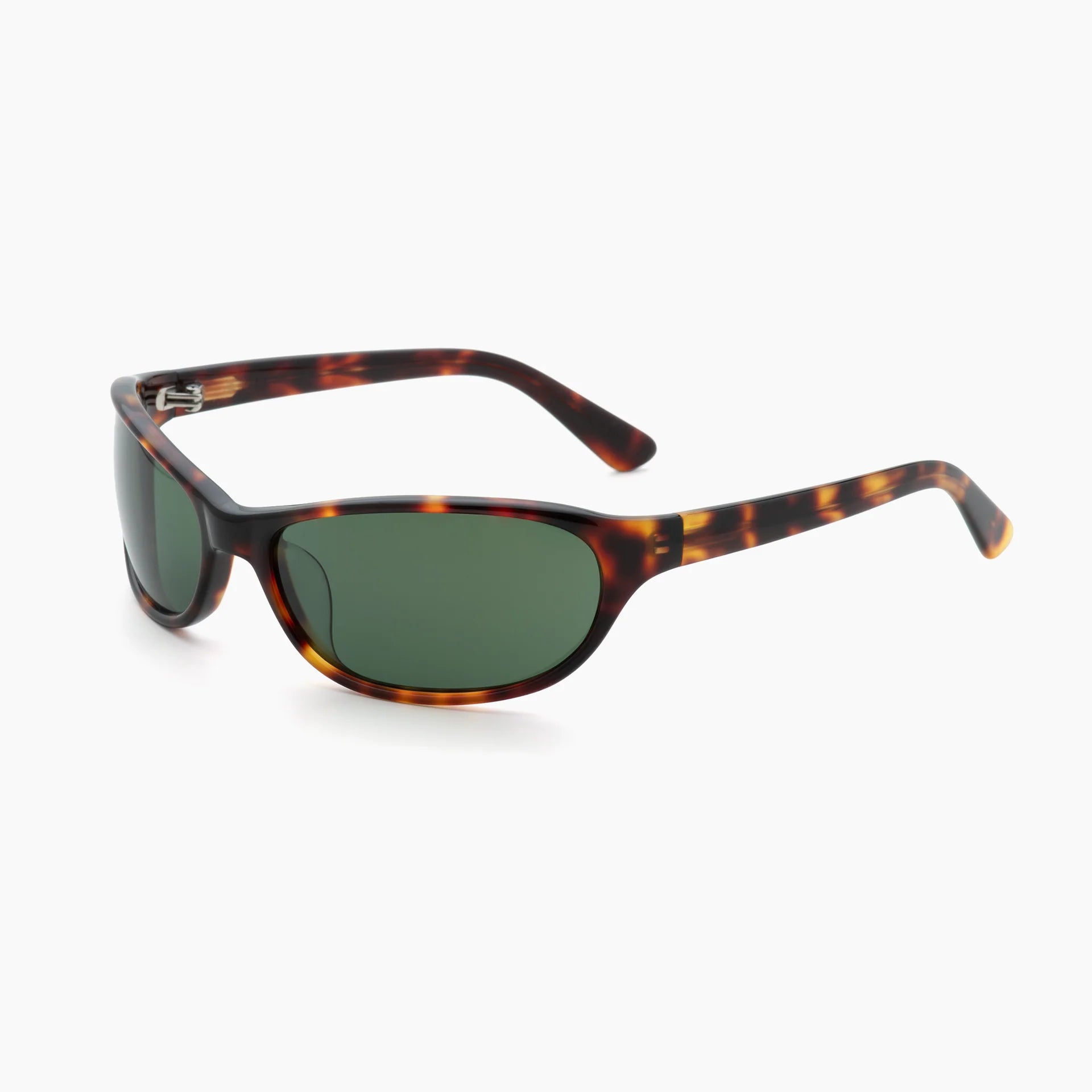 Brown tortoise wrap-style sunglasses with green lenses, thick curved temples, and a molded frame, shown at an angled side view on a white background.