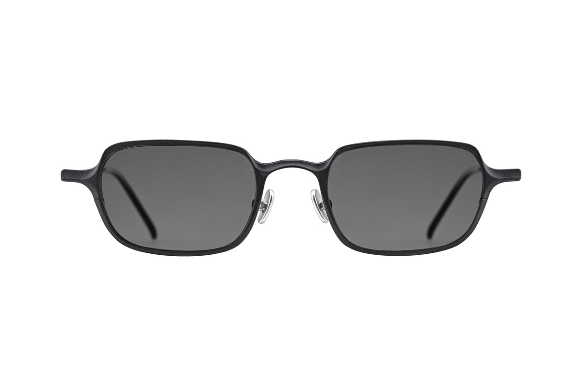 RIGARDS rectangular sunglasses in matte black metal with dark grey lenses and an integrated bridge, shown from the front.