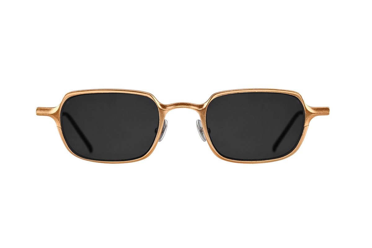RIGARDS rectangular sunglasses in textured antique-gold metal with dark grey lenses and an integrated bridge, shown from the front.